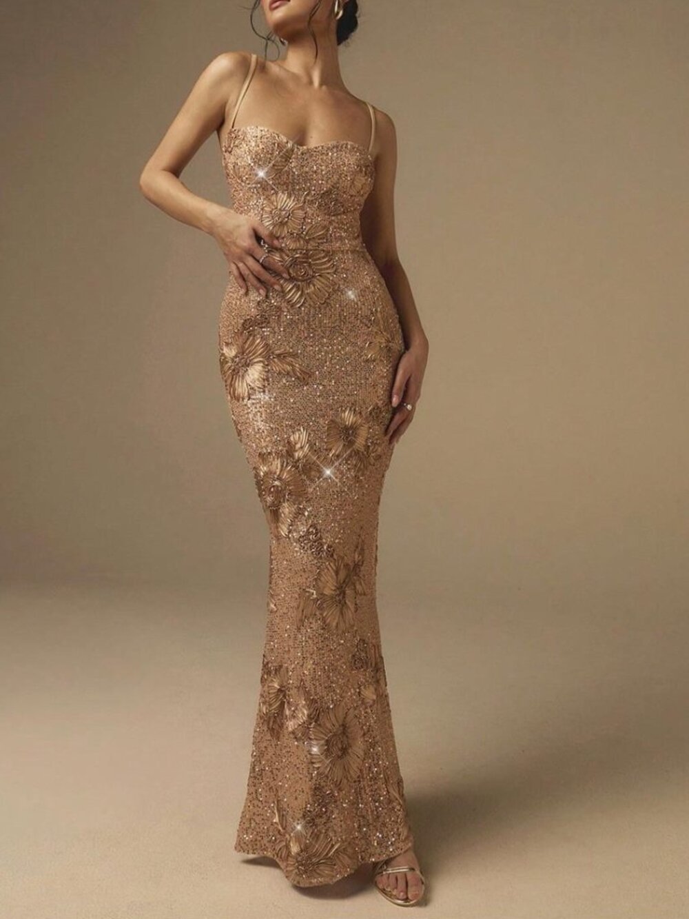 Gold Elegant Seductive Spaghetti Strap Waist Cinched Jacquard, Size S